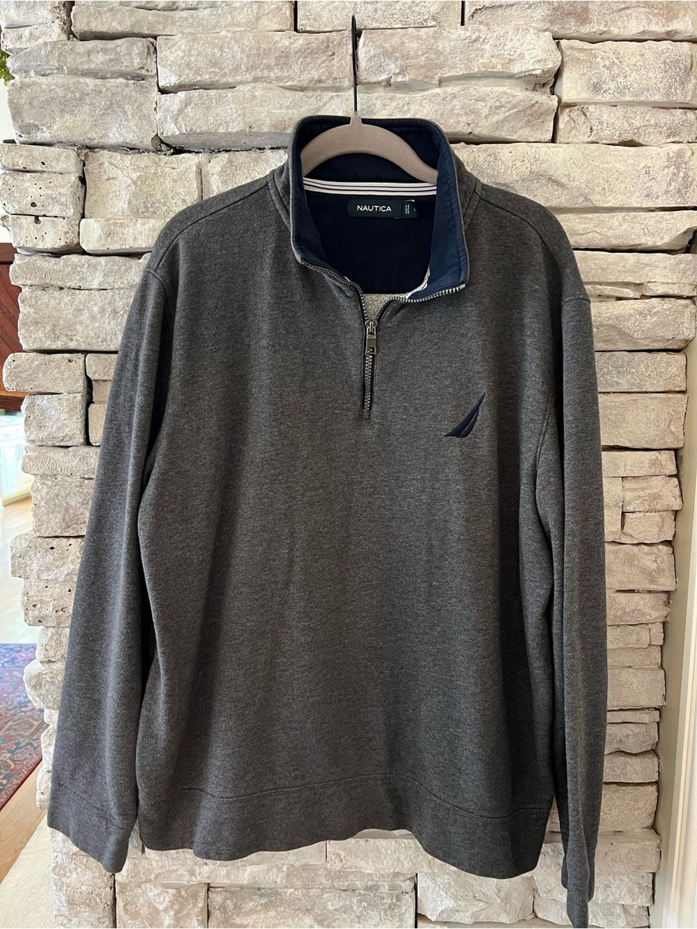 Nautica Men's Dark Charcoal Quarter-Zip Sweater with Navy Trim